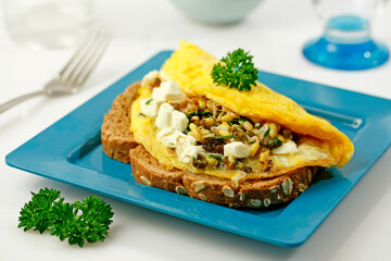 Soybean omelet with fresh cheese.