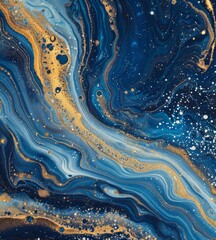 A closeup of swirling marble patterns in an ocean blue and gold, resembling the surface of water with white specks that resemble sand particles.