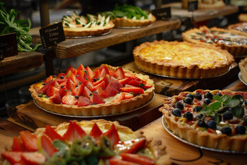 Elegant display of gourmet fruit tarts and savory quiches in a high-end patisserie, with a focus on the flaky crusts and vibrant fillings - obrazy, fototapety, plakaty