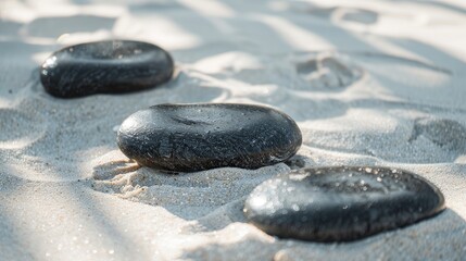 Smooth glossy black pebbles on a bright white sandy beach