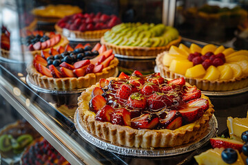 Elegant display of gourmet fruit tarts and savory quiches in a high-end patisserie, with a focus on the flaky crusts and vibrant fillings - obrazy, fototapety, plakaty
