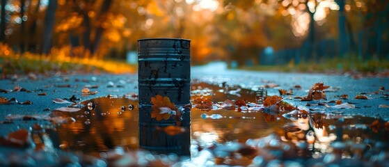 Reflective dark oil barrel with blurred park background showing spilled black crude oil. Concept Oil Pollution, Environmental Damage, Nature Contamination, Spilled Oil, Park Environment