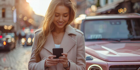 A pretty businesswoman walks in the city, typing on her smartphone, managing social media outdoors.