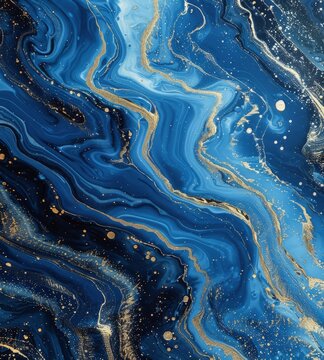 A closeup of swirling marble patterns in an ocean blue and gold, resembling the surface of water with white specks that resemble sand particles.