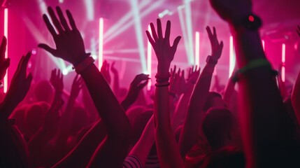 People in a club are dancing with their hands in the air. The lights from the club make their hands look colorful.