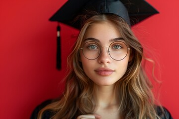 A stylish and confident young woman in glasses celebrates graduation with elegance and beauty.