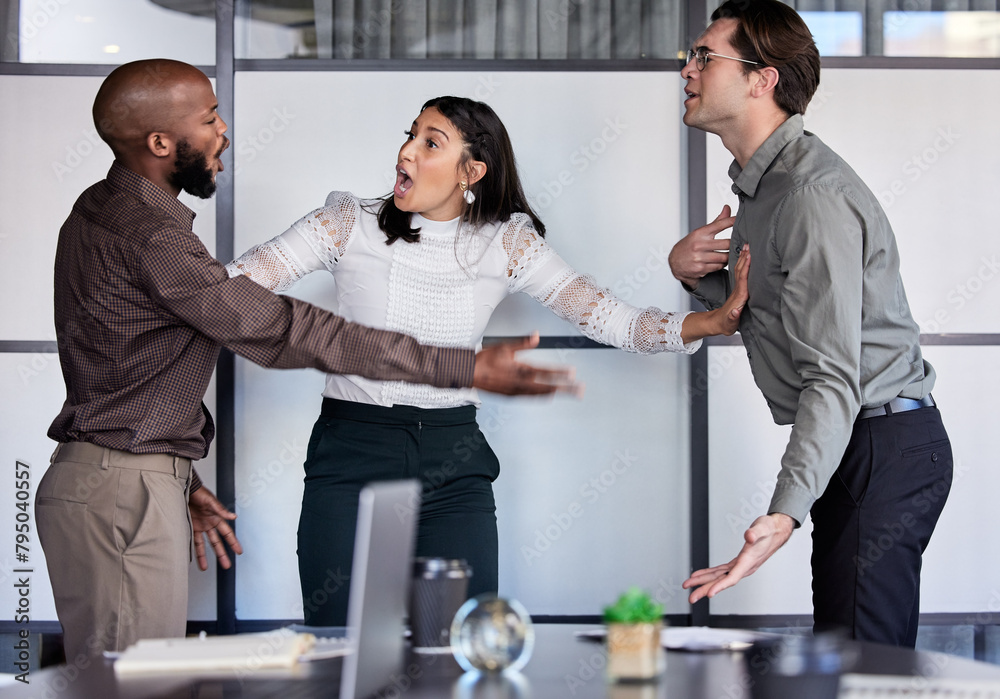Poster business people, meeting and shout with stress, argument and negative feedback with mistake and prob