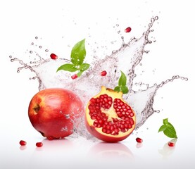 A pomegranate are shown. The pomegranate is split in half is whole. Both are red. There is a splash of water between them, with small red spheres scattered around.