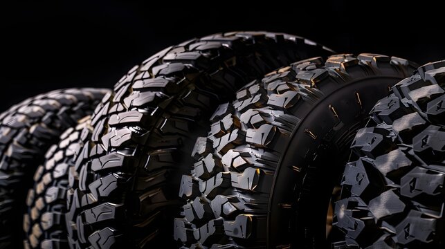 off-road tires and tires for crossovers and SUVs stand in a row on a black background