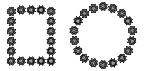 Vector Set Summer Flowers Frame in Cordel style  isolated transparent background. Round and Rectangle Floral Border design in trend Grunge Brutalism Dramatic style. Editable stroke. Vector EPS 10