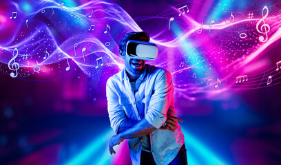 Caucasian man moving to music while using virtual reality glasses. Energetic person with casual cloth enjoy dancing while enter metaverse or simulated world surrounded with music notes. Deviation.