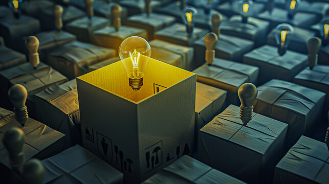 Perspective of fresh ideas emerging from an open box, portrayed as a creative challenge accepted by a community of thinkers