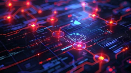 A circuit board with red and blue lights.