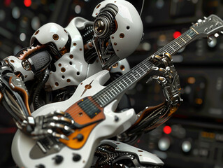 A robot is playing a guitar