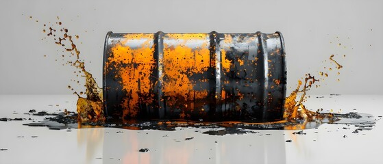Toxic oil spill with leaking barrel on white background environmental pollution concept. Concept Environmental Pollution, Oil Spill, Leaking Barrel, White Background, Toxic Waste