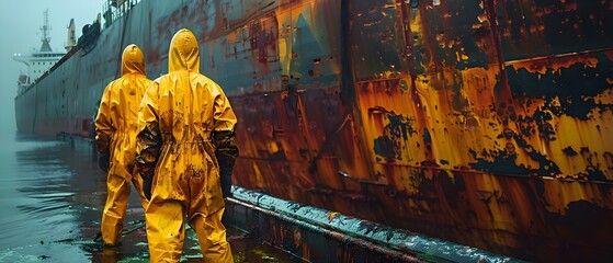 Workers in protective gear cleaning up oil spill from ship. Concept Oil spill cleanup, Workers in protective gear, Environmental disaster, Ship contamination, Hazmat team