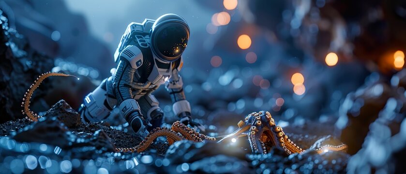 Alien explorer, exosuit, tentacled creature, embarking on interstellar journey through uncharted cosmic terrain 3D Render, Spotlight, Depth of Field Bokeh Effect, Low-angle view