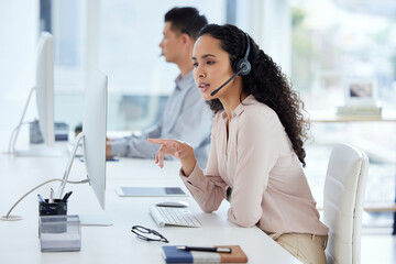 Call center, computer and consultant woman in telemarketing office for online assistance, help or...