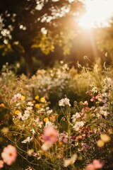 Dreamy Garden Scene at Golden Hour, With Blooming Flowers, Fluttering Butterflies, And a Soft, Warm Light Enveloping The Landscape, Generative AI