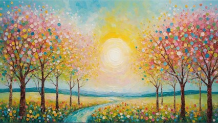Abstract painting capturing the essence of a sunrise over an orchard. Warmth and new beginnings.