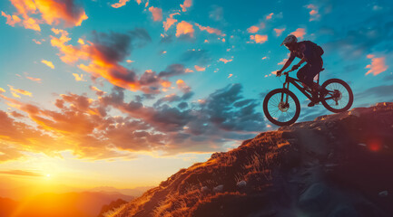 A man is riding a bike on a mountain with a beautiful sunset in the background