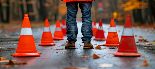 Dedicated worker s commitment to ensuring safety during roadworks on bustling city streets
