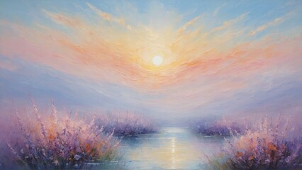 Abstract painting capturing the serenity of a sunrise over water. Blend of warm and cool hues.
