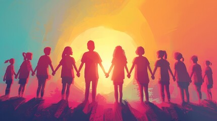 Fototapeta premium A group of diverse children holding hands and standing in front of a setting sun.
