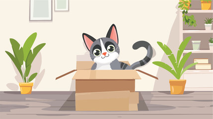 Funny cat in cardboard box at home Vector illustration