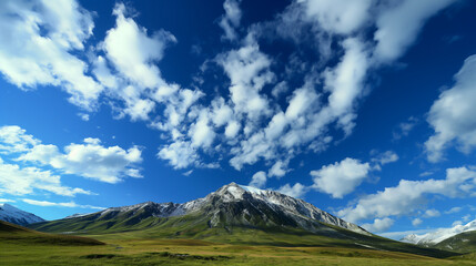 Fototapeta premium A mountain range with a clear blue sky and fluffy clouds