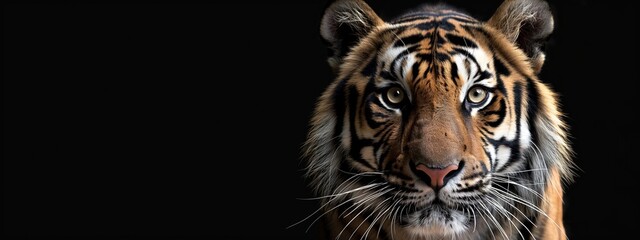 A tiger isolated on a black background, wide horizontal panoramic banner , copy space.