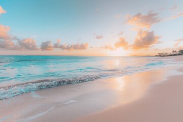 Fototapeta premium Tranquil panoramic sunset seascape on tropical beach with golden sand and calm horizon