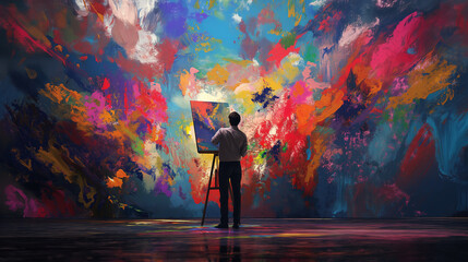 A man is painting a colorful scene with a brush and a palette