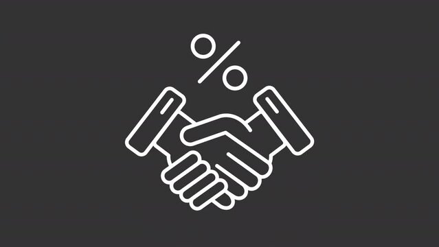 Agreement white line animation. Animated handshake and percentage symbol icon. Business deal. Mutual benefit. Isolated illustration on dark background. Transition alpha video. Motion graphic