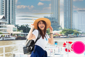 Young women cruise on the Chao Phraya River,tourist female on holiday vacation trips, Tourism...