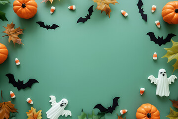 halloween background with pumpkins and bats and a copy space