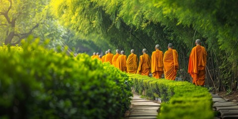 Serene Procession of Buddhist Monks in Lush Green Garden - obrazy, fototapety, plakaty