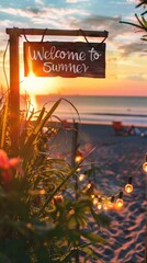 Welcome to Summer: Beach Sunset with Vibrant Sky and Hanging Sign