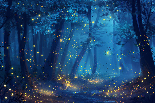 enchanting forest scene, with golden fireflies lighting up a dark blue night, creating a sense of wonder and magic