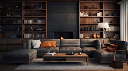 Realistic depiction of a modern living room, simple in design with functional elements like builtin bookcases and a cozy, understated couch