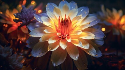 Stunning 4K closeup of a vibrant flower under a spotlight at night, showcasing intricate details and vivid colors in a hyperrealistic style - obrazy, fototapety, plakaty