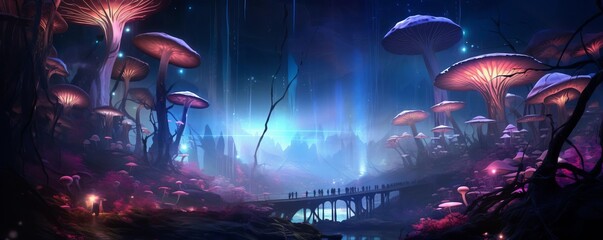 Surreal scene of neonlit mushrooms in a fantasy forest at night, casting glowing colors across a mystical landscape