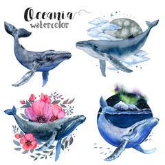 Four watercolor whales swimming gracefully on a blank canvas