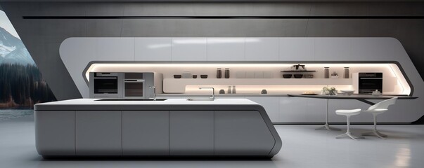 Hyperrealistic kitchen design concept combining minimalism with futuristic elements, characterized by streamlined cabinetry and a plain, neutral color scheme