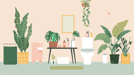 Table with houseplants paper rolls toilet bowl and bi