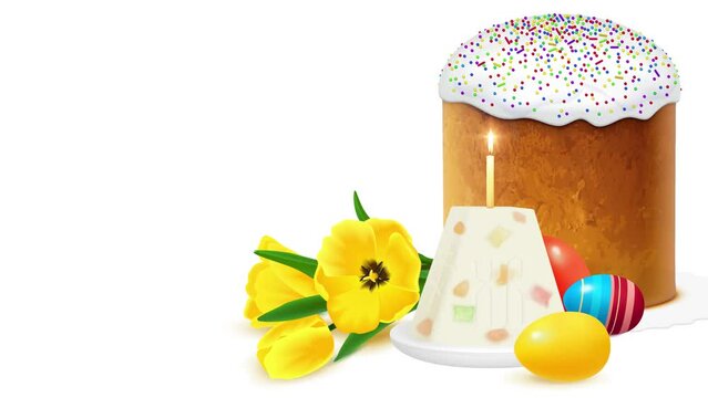 Kulich, painted eggs, flowers and burning candle. Animated postcard for Orthodox Easter