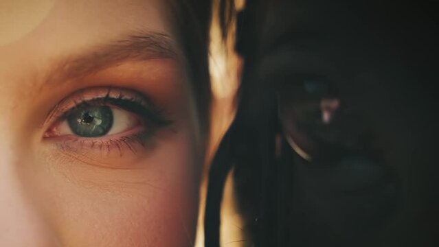 Close-up person beauty eyes happy woman with dark brown eye horse blink, fantasy sexy lady looking at camera love affection emotion, part face charming girl teen and black horse animal muzzle pet. 4k 