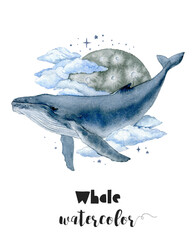 A watercolor painting of a whale with a moon using electric blue, liquid medium