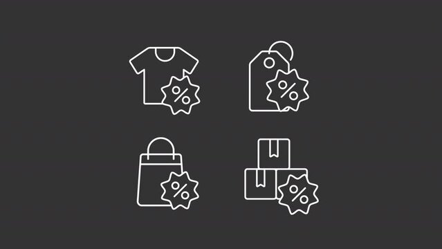 Animated retail white icons. Shopping related icons line animation library. Discount tag. Special offer. Isolated illustrations on dark background. Transition alpha. HD video. Icon pack