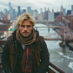 Blonde-haired man catching the city's pulse, urban explorer - obrazy, fototapety, plakaty